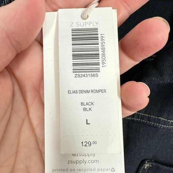 Z SUPPLY Elias Denim Romper‎ Black Button Front Short Sleeve Utility Size L NWT - Picture 7 of 9